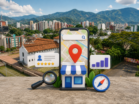 Ilustración de un Perfil de Negocio en Google con un mapa, ubicación y un negocio sobre un fondo de la ciudad de Ibagué, representando el posicionamiento local en Google Maps y Google Business.