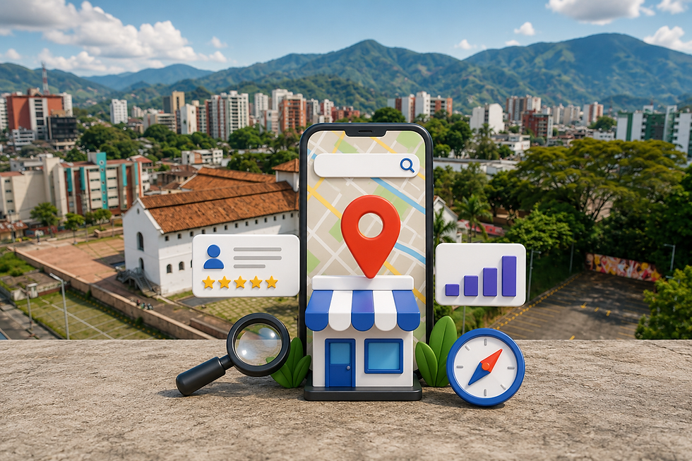 Ilustración de un Perfil de Negocio en Google con un mapa, ubicación y un negocio sobre un fondo de la ciudad de Ibagué, representando el posicionamiento local en Google Maps y Google Business.