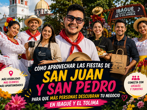 Emprendedores y empresarios vestidos con trajes típicos del Sanjuanero Tolimense durante las fiestas de San Juan y San Pedro, promoviendo sus negocios en Ibagué y el Tolima a través del marketing digital.