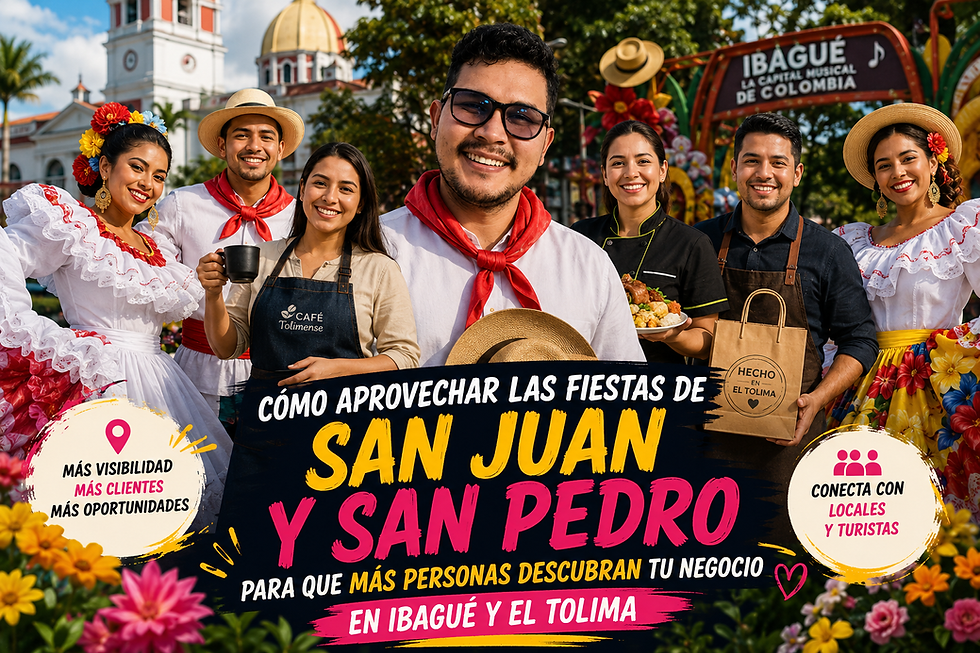 Emprendedores y empresarios vestidos con trajes típicos del Sanjuanero Tolimense durante las fiestas de San Juan y San Pedro, promoviendo sus negocios en Ibagué y el Tolima a través del marketing digital.