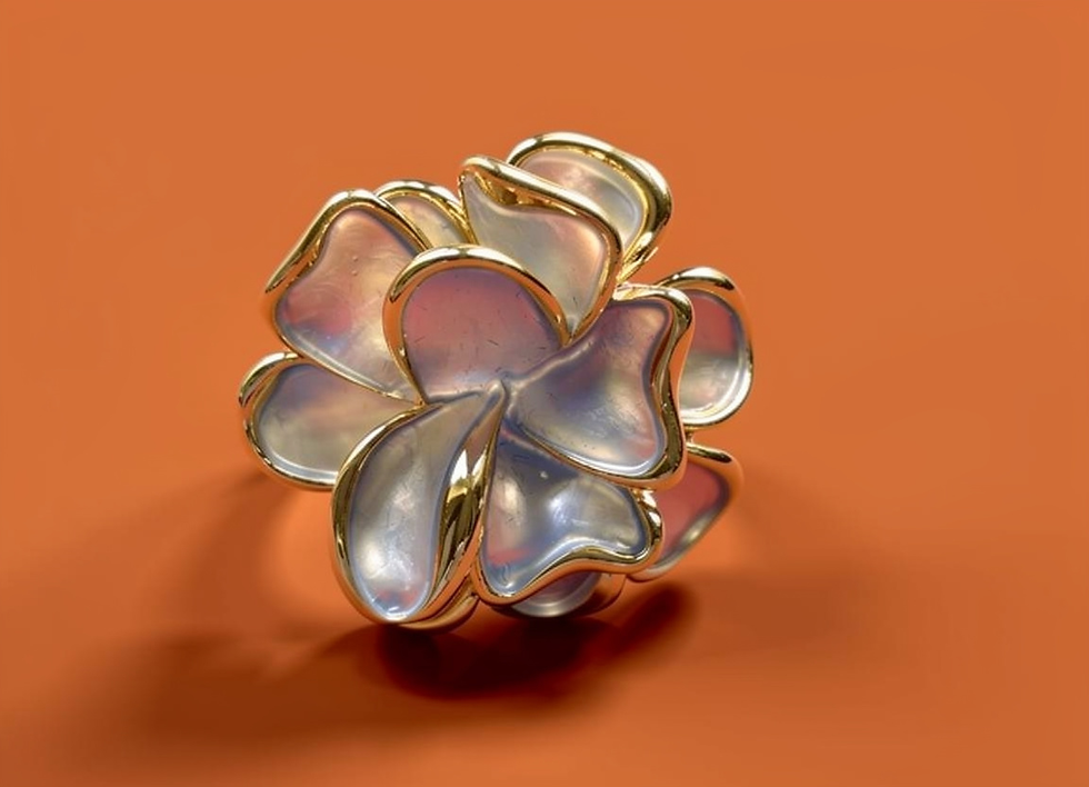 Annasach The Arwen ring, front-facing view showing layered petal construction in periwinkl