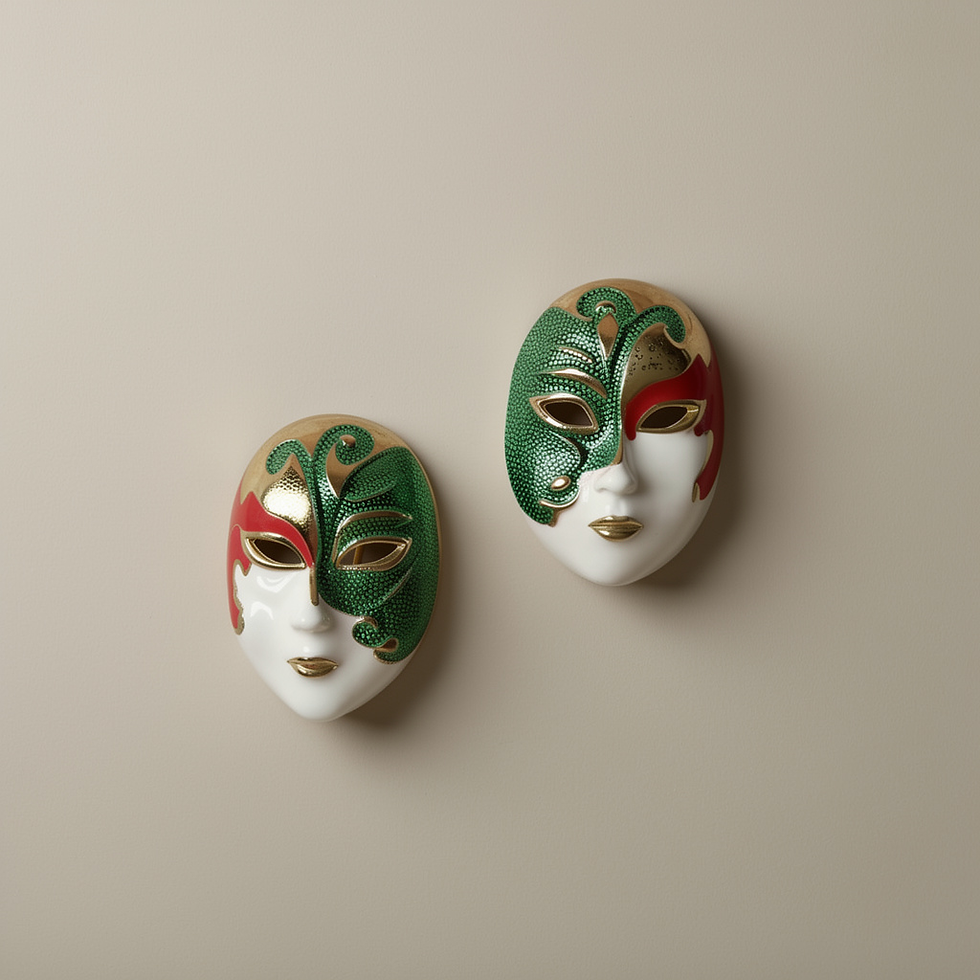 Annasach The Evelyn Venetian mask earrings, white enamel face with green glitter upper mask