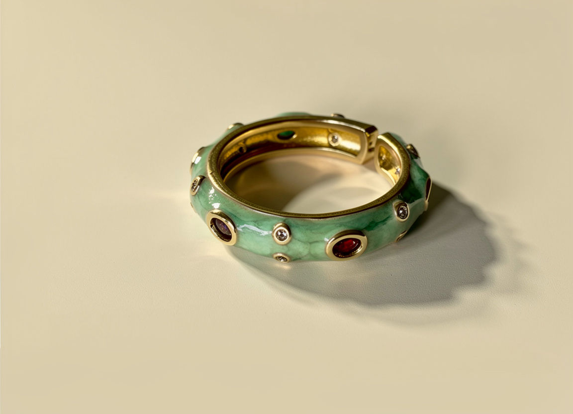 The Arwen ring, mint green enamel band with multi-colour glass stones in gold bezels