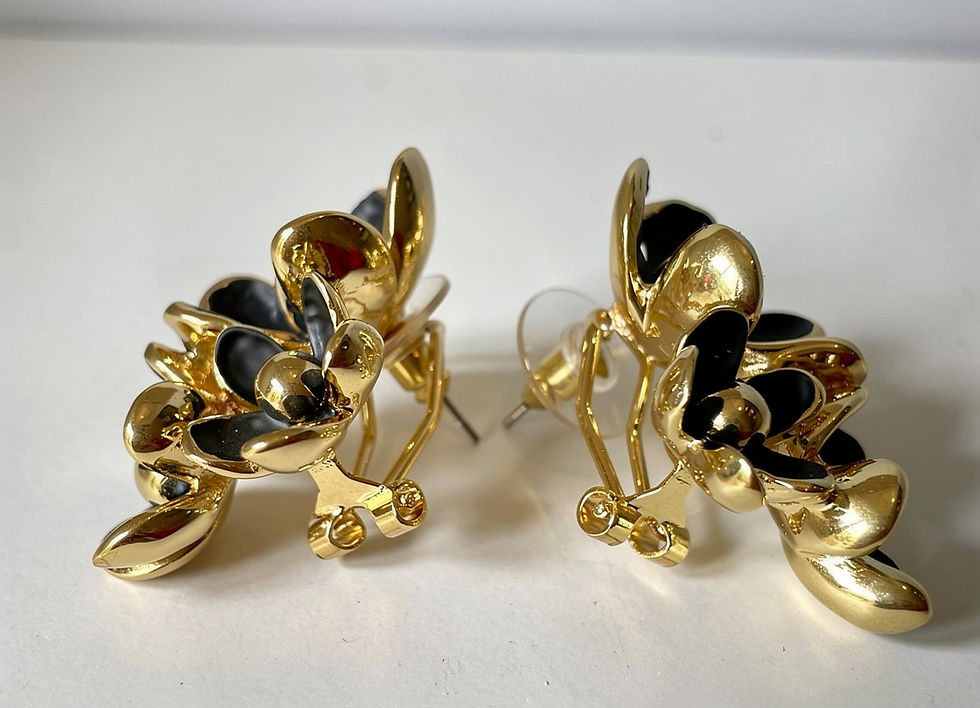 Rear view of The Serene Black Double Floral Earrings showing the gold-plated omega clip fastening and double floral design.
