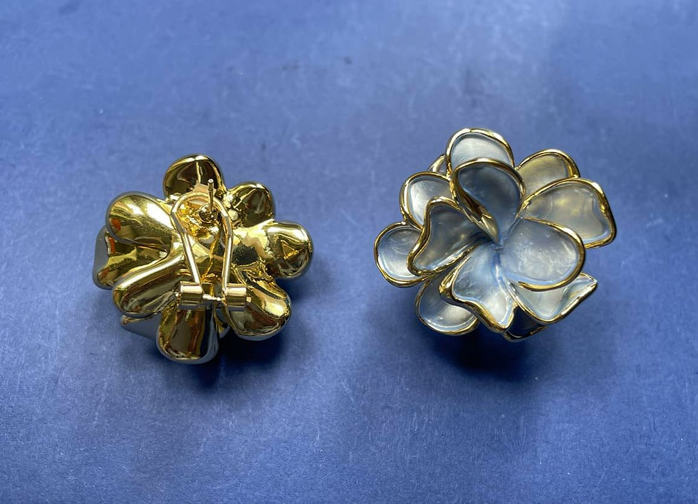 Rear view of The Arwen floral earrings showing the secure omega clip fastening and gold-plated brass construction.
