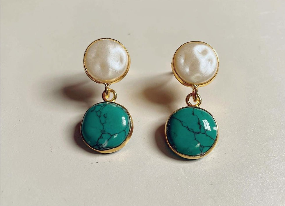 The Elara Mother of Pearl and Turquoise Drop Earrings with round mother of pearl-effect and turquoise stones in gold-plated b