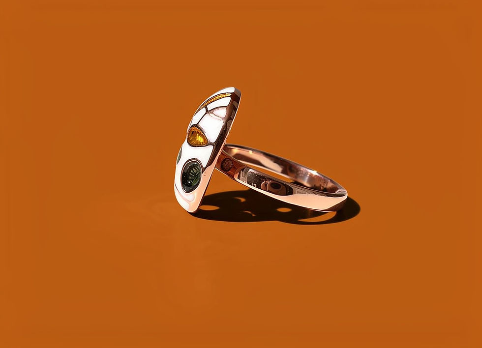 Annasach The Maaya ring side view showing brass band and angled enamel dome construction