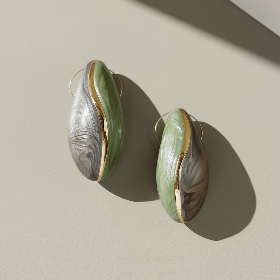 Annasach The Maaya drop earrings, sage green and charcoal marbled enamel elongated dome wi