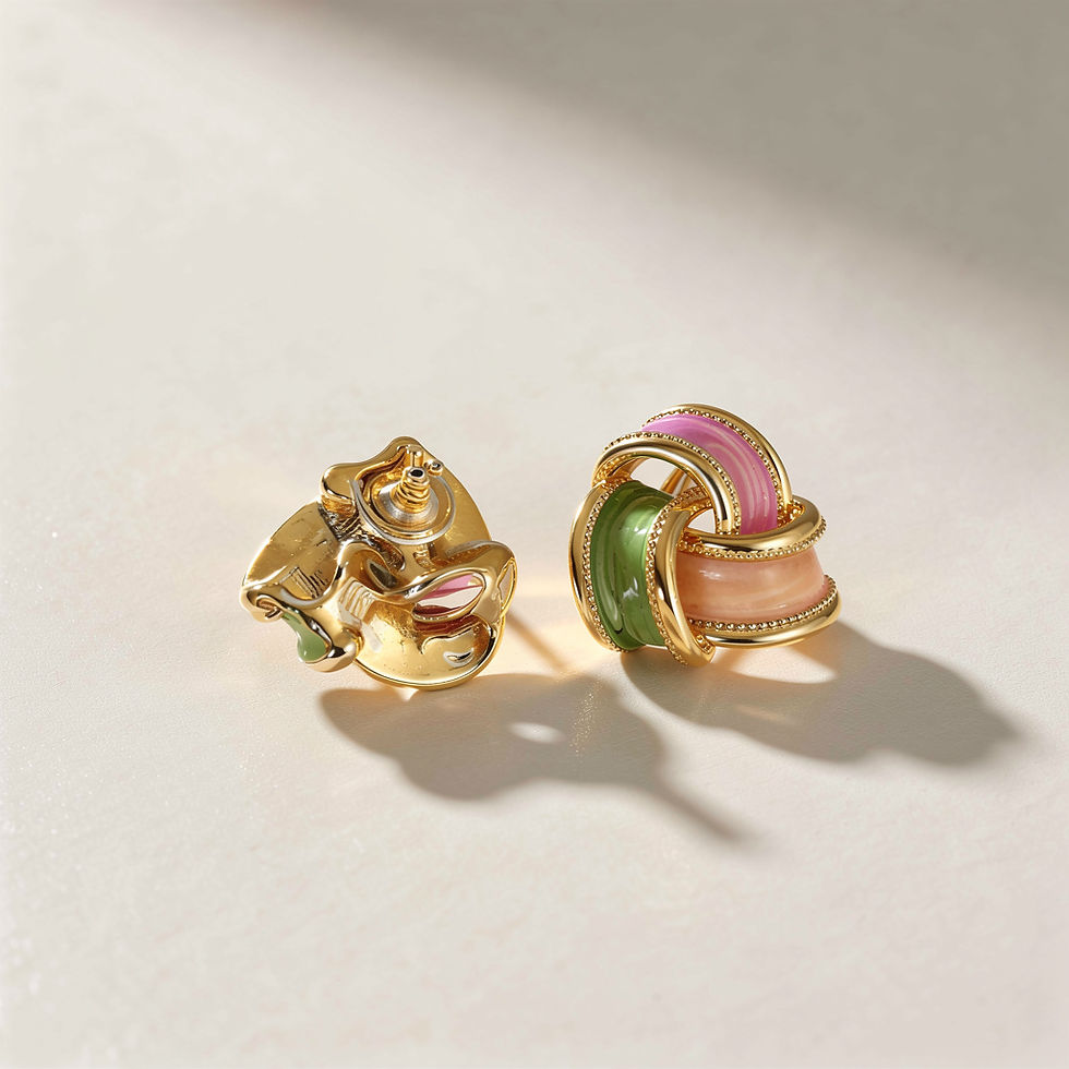 Rear view The Amara earrings, lilac, sage and blush enamel knot design, gold milgrain border, pair on cream background