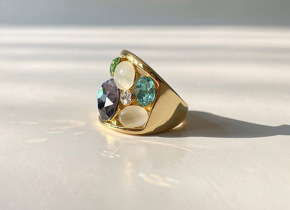 Annasach The Serene ring, mixed gem cluster in purple-blue, peridot, sage and aqua, gold-p