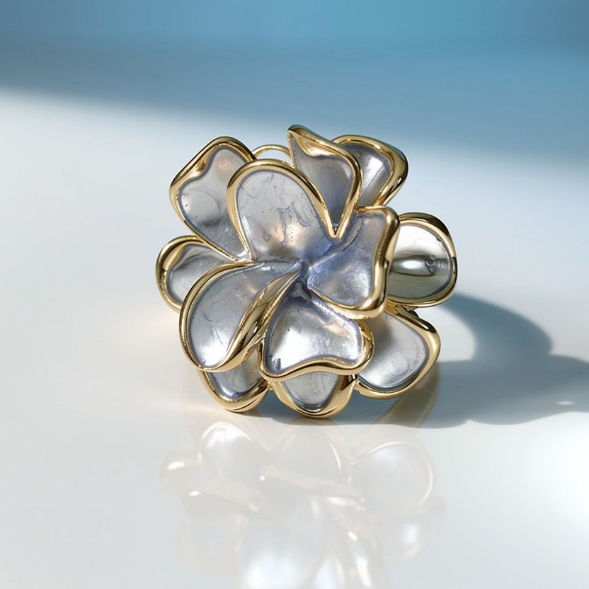 Periwinkle blue flower ring on a white surface in cool light, pearlescent petals shifting towards silver