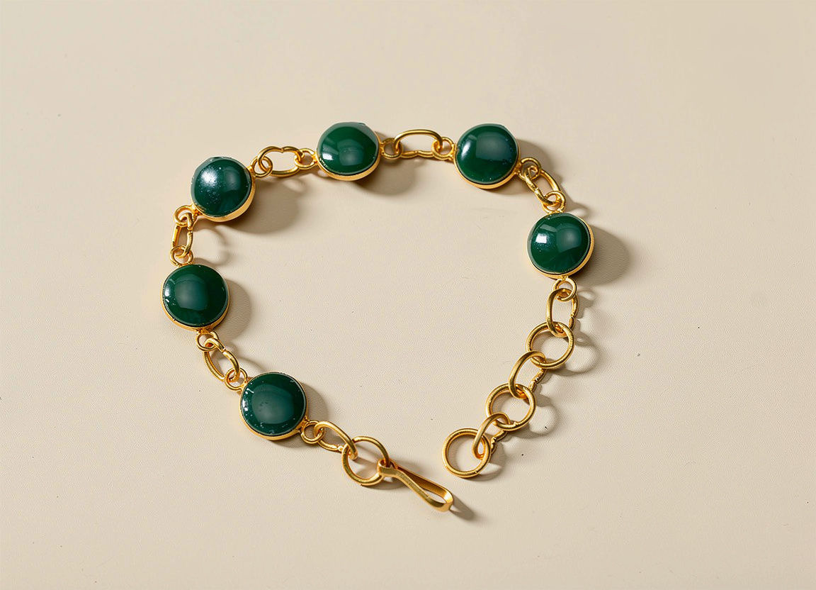 Green Onyx Bracelet with seven round green onyx cabochons in gold-plated bezel settings.