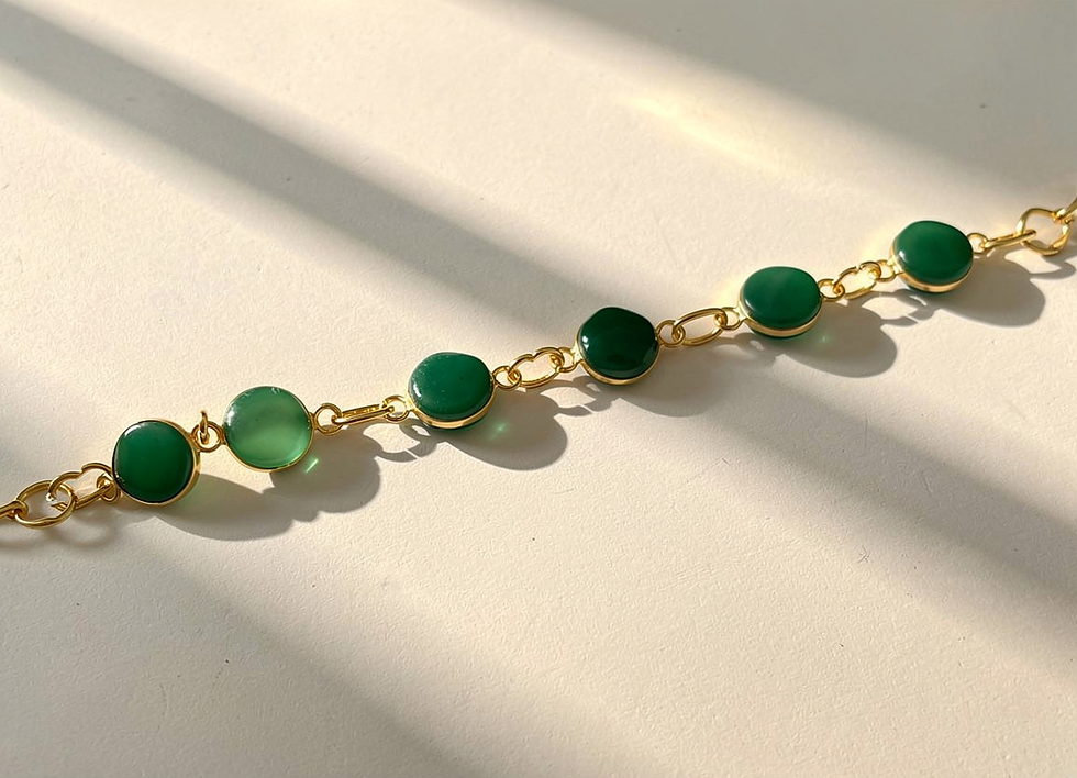 Annasach The Zahara bracelet, round green onyx cabochons in gold-plated brass settings