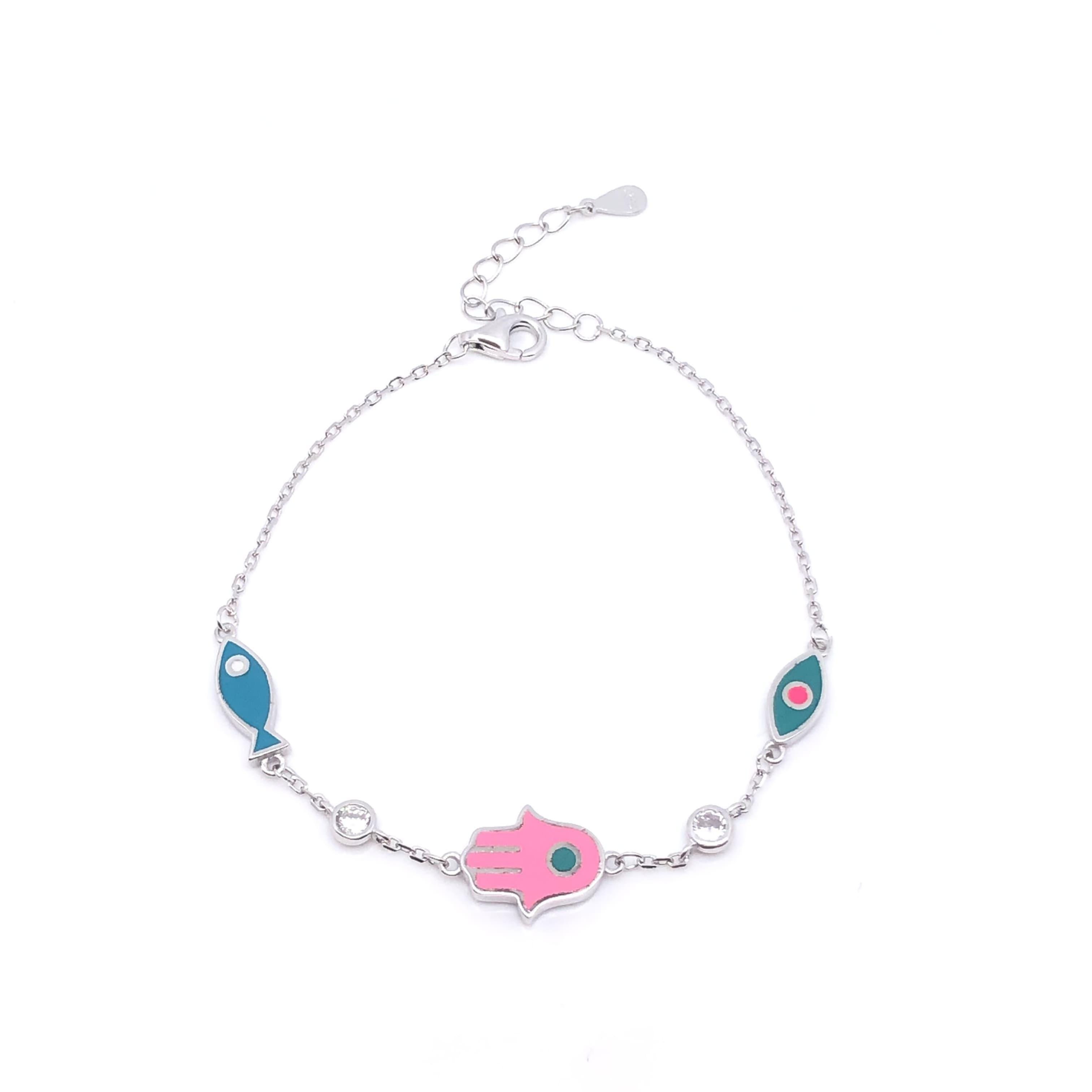 צמיד חמסה בשילוב דג ועין אמייל עבודת יד. כסף