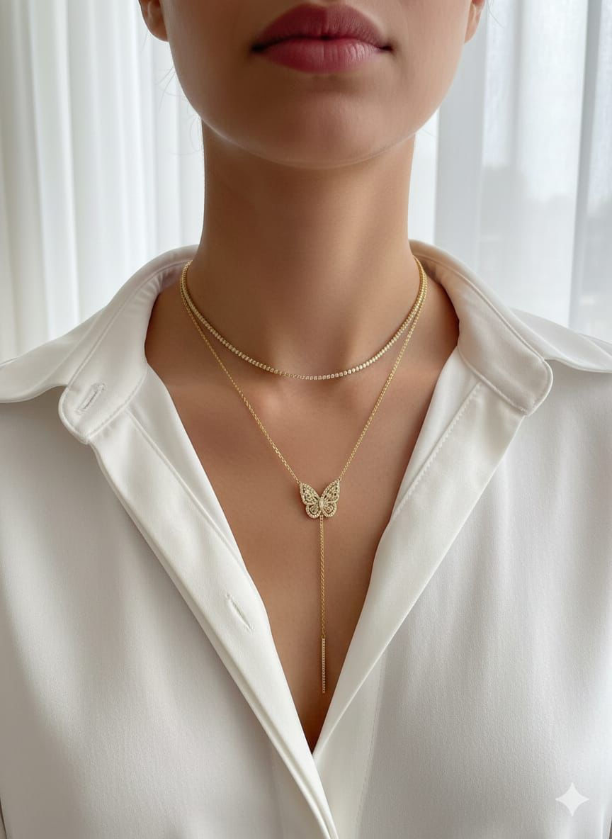 תמונה ממוזערת: שרשרת טניס משולבת שרשרת פרפר עניבה