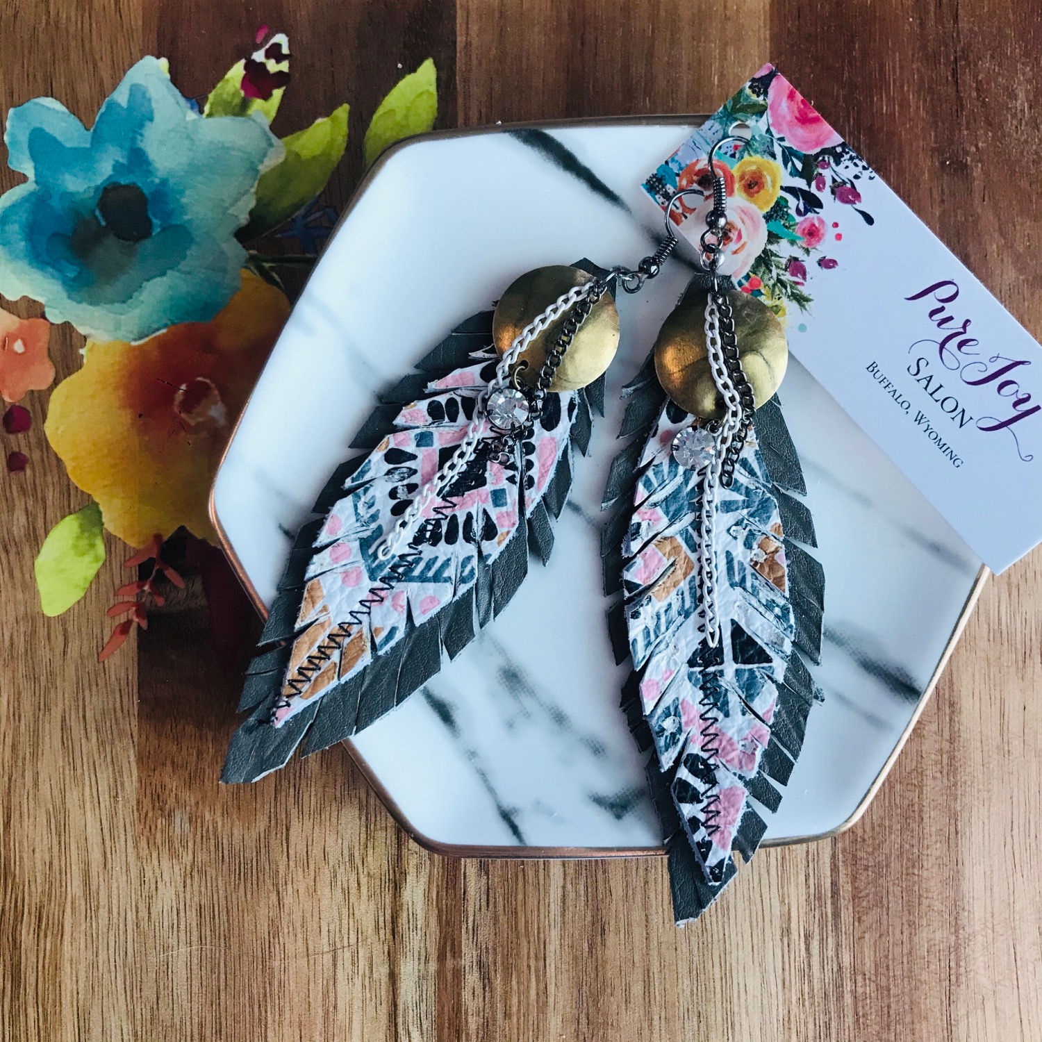 Mosaic Leather Feather Earrings 