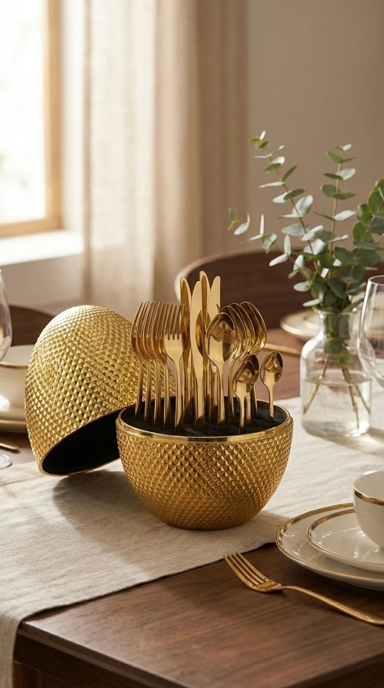 Luxury gold cutlery set with forks, knives and spoons in designer storage box