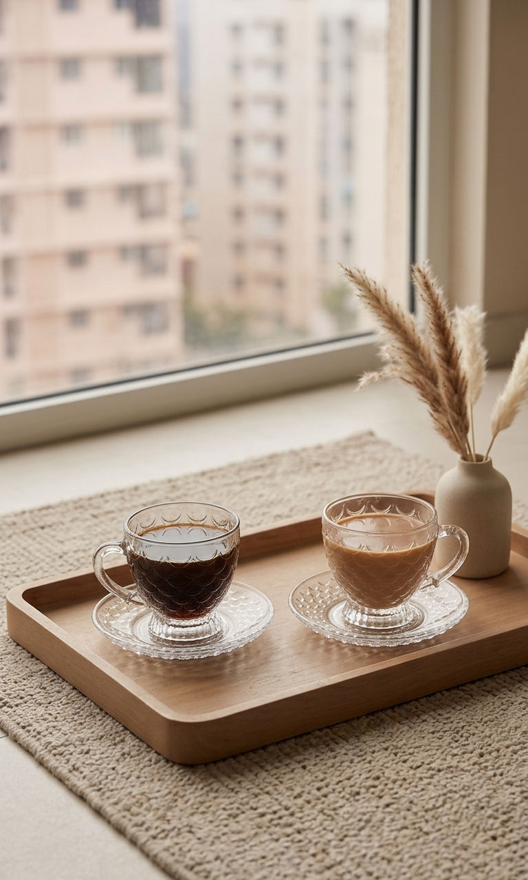 Thumbnail: glass tea cup and saucer set styled by window