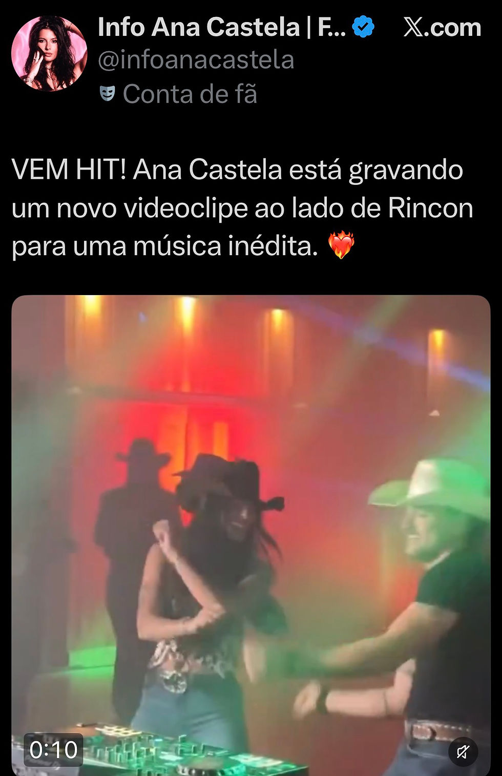 Tweet no aplicativo X onde consta Ana Castela e Rincon