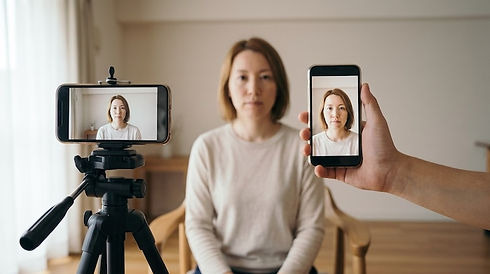 Schematic diagram showing how a selfie camera distorts face while the back camera from a distance is safer.