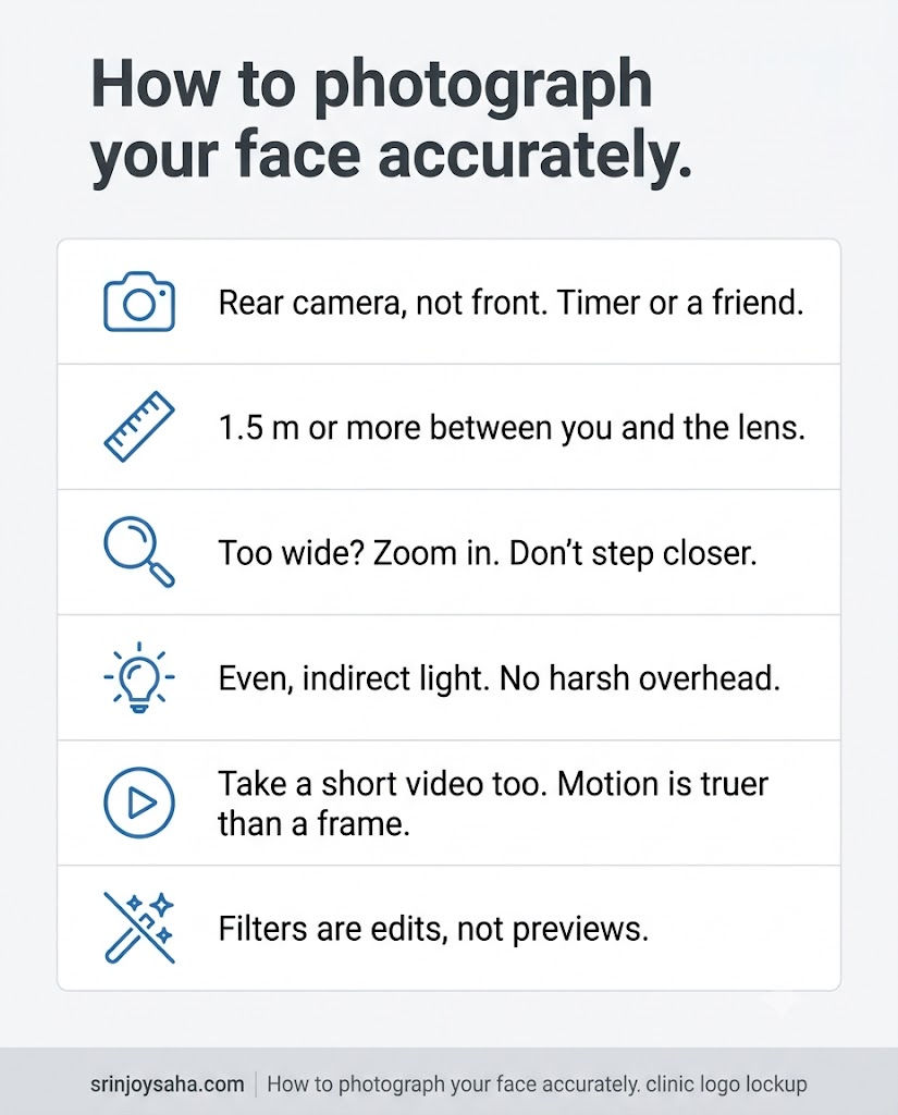 Checklist card: rear camera, 1.5 m or more, use zoom not steps, even indirect light, take 