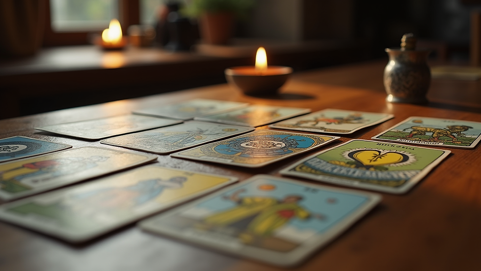 Close-up view of tarot cards laid out on a wooden table