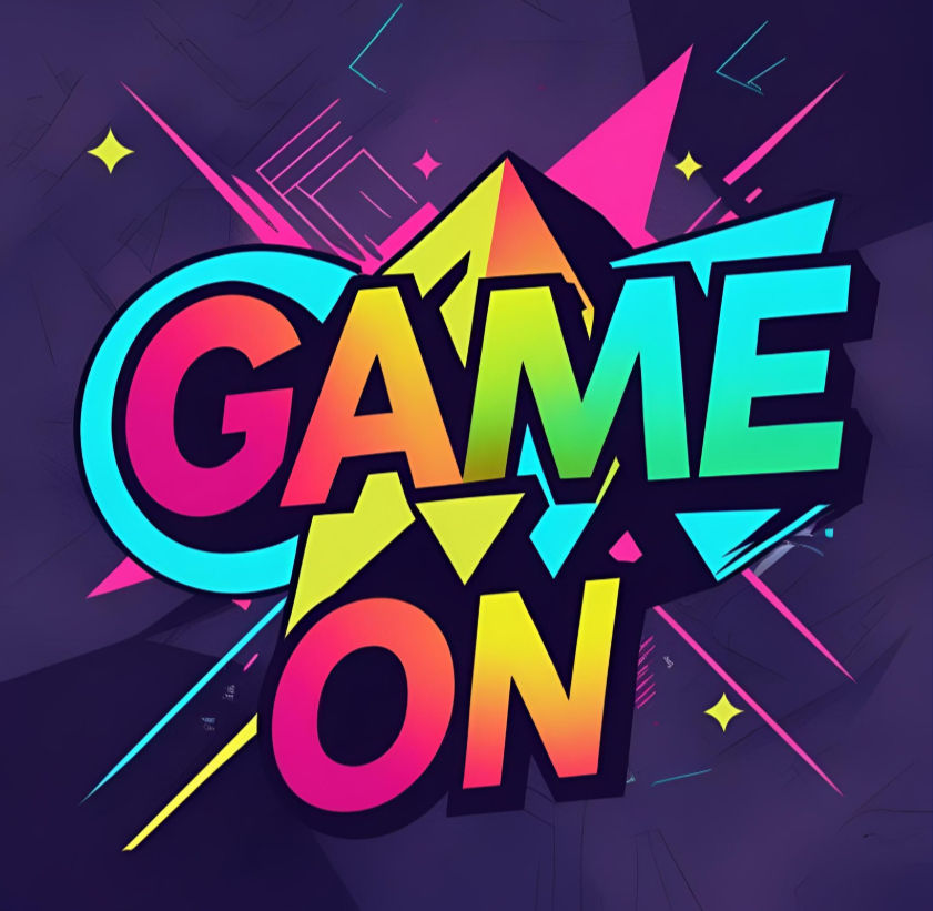 Colorful "Game On" text in bold, neon shades on a dark background with geometric patterns and stars, creating a dynamic and vibrant mood.