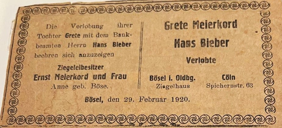 Verlobungsanzeige Bieber. Quelle: Archi