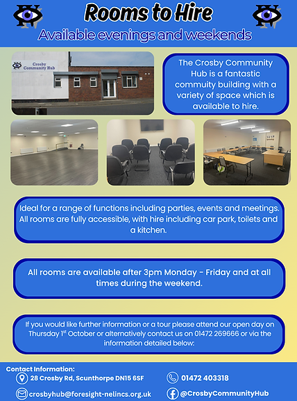 Poster advertising room hire at Crosby Community Hub