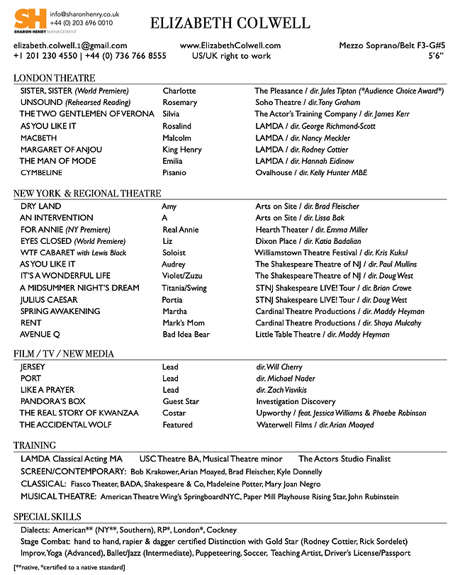 Resume with actor Elizabeth Colwell's film, TV, and theatre credits and training