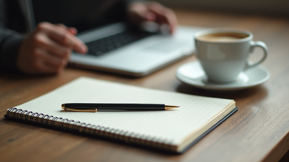 Close-up view of a notebook with a pen and a cup of coffee