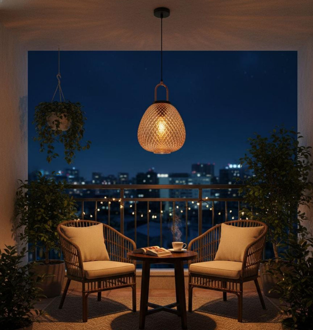 LAMPARA COLGANTE DE COLOR AMBAR. ILUMINACIÓN LED DE BOMBILLO. DET. ROSS GOLD