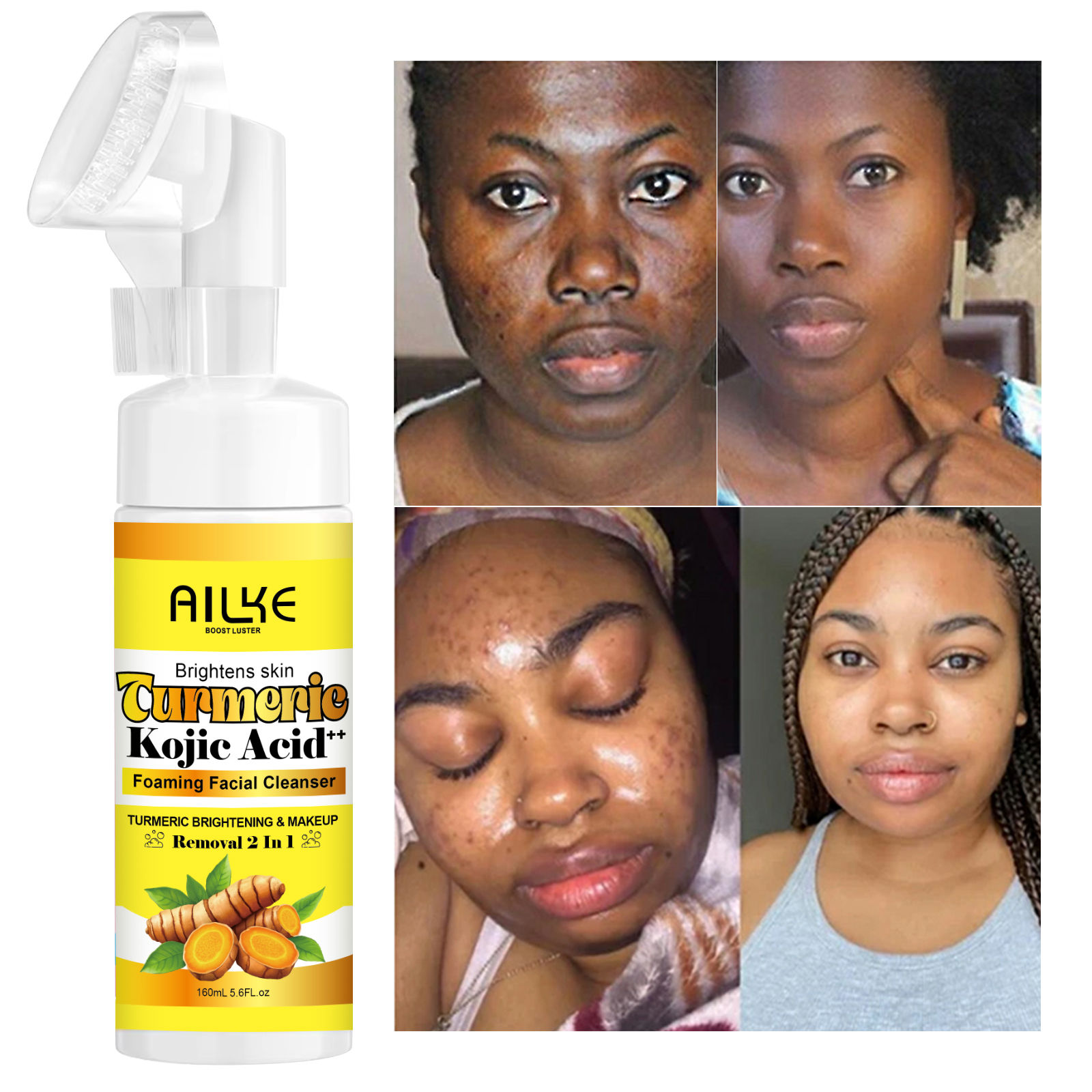 AILKE Brightening Foaming Facial Cleanser, With Natural Turmeric, Kojic Acid, Re