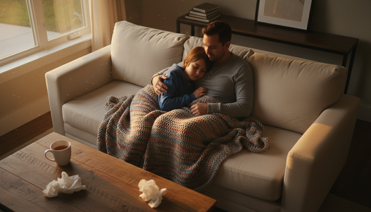 Overhead view of a parent and child sitting together on a sofa with a blanket