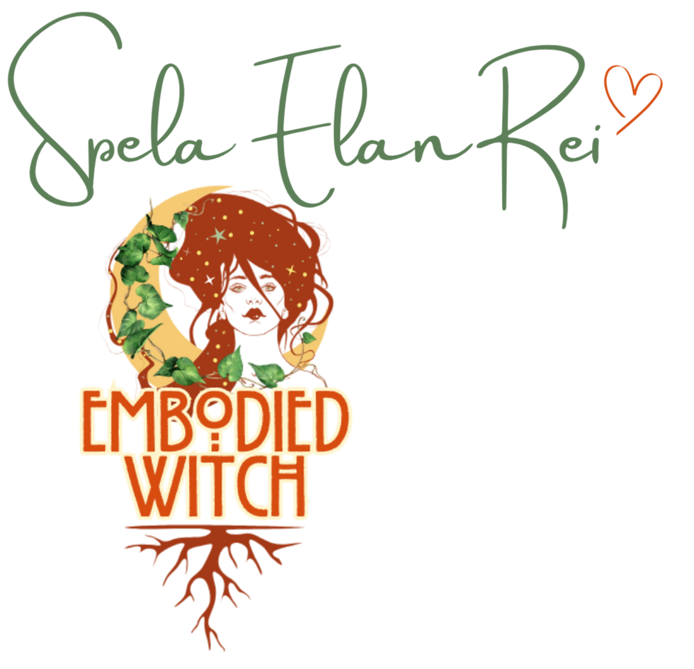 Embodied Witch logo with a witch, moon, poison ivy and tree roots, with Spela Elan Rei's signature