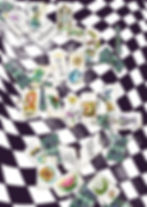 Rebus illustration of a traditional nursery rhyme using hand-drawn picture and word cards on a distorted black-and-white chequered background.