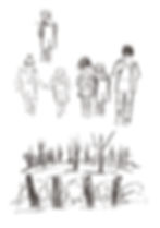 Line drawings of people and a landscape scene