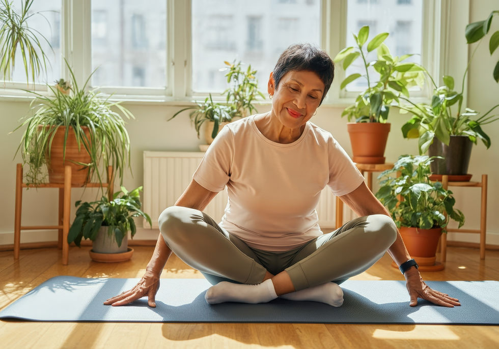 Women with wearable device on yoga mat in the sunshine with indoor plants around her.
