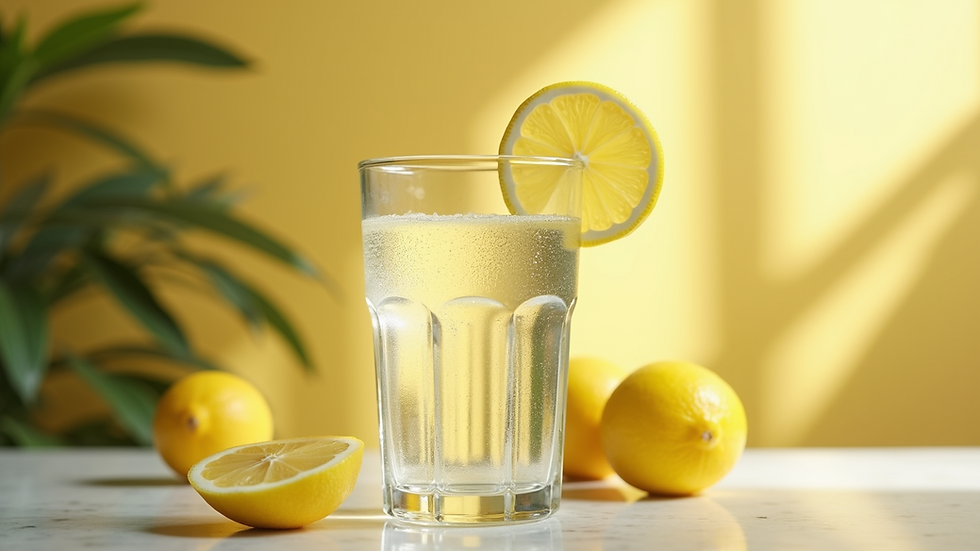Eye-level view of a refreshing glass of lemon water with a slice of lemon