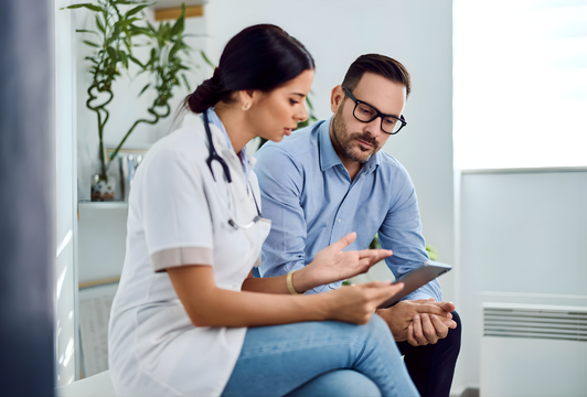 Practitioner conducting initial health assessment for Seqex therapy suitability