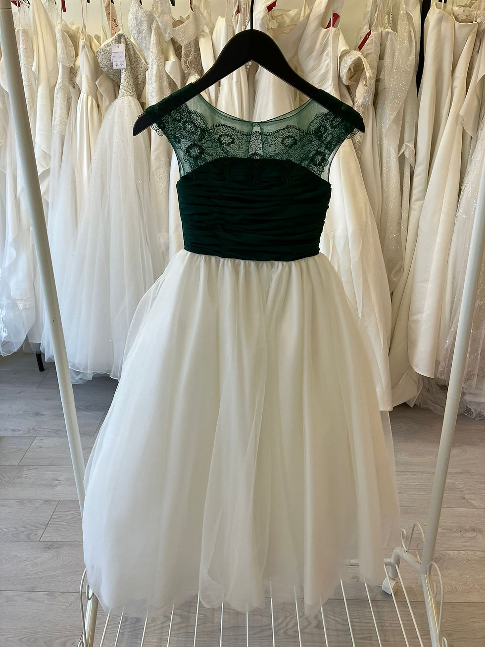 Thumbnail: Back view of hunter green lace and ivory tulle skirt dress with zip closure