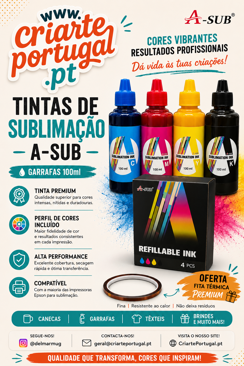 Tintas de Sublimação A-SUB Premium – Garrafas 100 ml (CMYK)