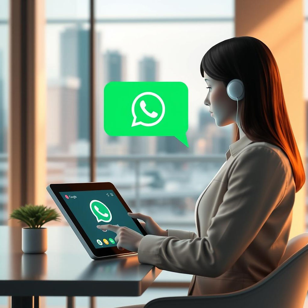 Profissional em ambiente corporativo moderno utilizando tablet com ícone do WhatsApp em destaque, representando atendimento digital e automação de comunicação empresarial.