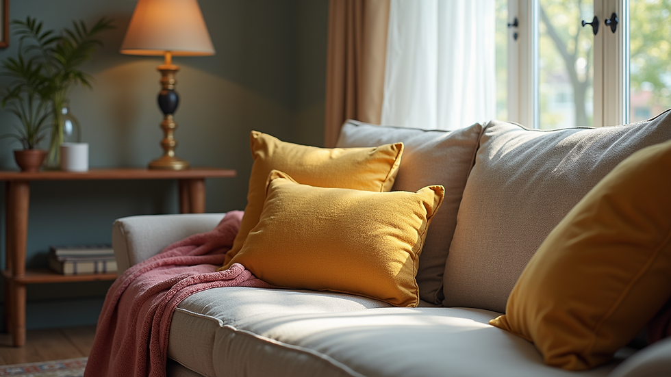 Eye-level view of a cozy living room with a couch and colorful cushions