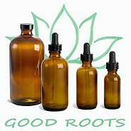 Amber bottle assortment with goodrootsherbal green lotus blossom logo