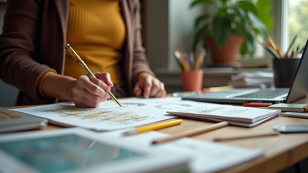 Close-up view of Alicia Sol's workspace filled with creative materials