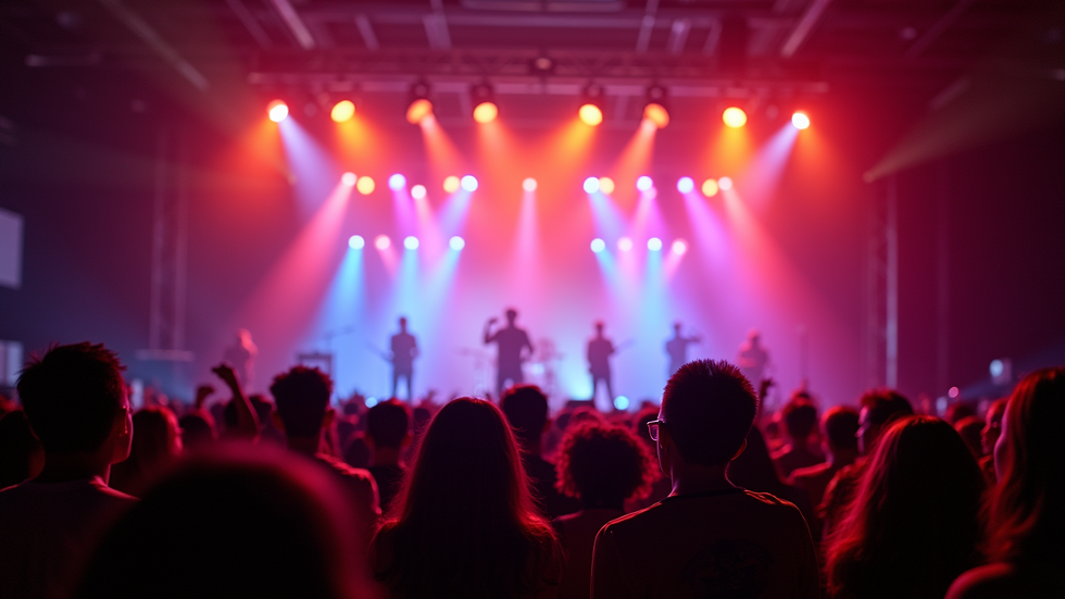 Close-up view of a vibrant concert stage with colorful lights