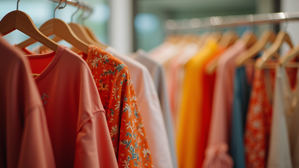 Eye-level view of a vibrant clothing rack featuring new designs by Alicia Sol