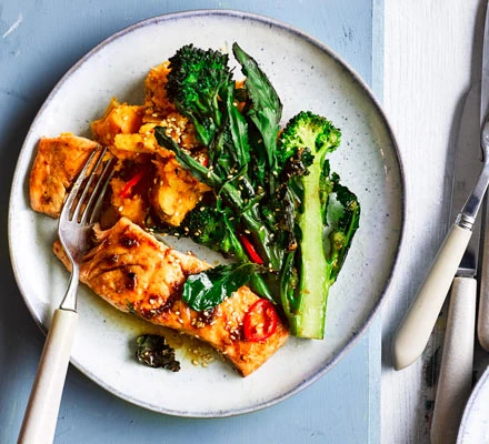 Sesame Salmon with Broccoli and Sweet Potato Mash