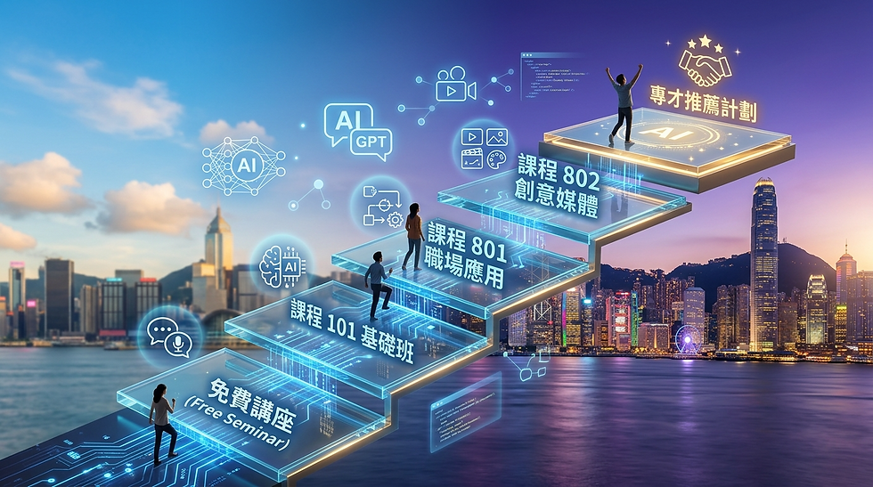 HK AI-SOLVE Academy 課程學習路徑：101入門、801職場自動化、802創意媒體